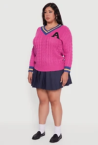 Womens Plus Size Cable Knit Varsity Stripe Sweater, Pink, Size 3X