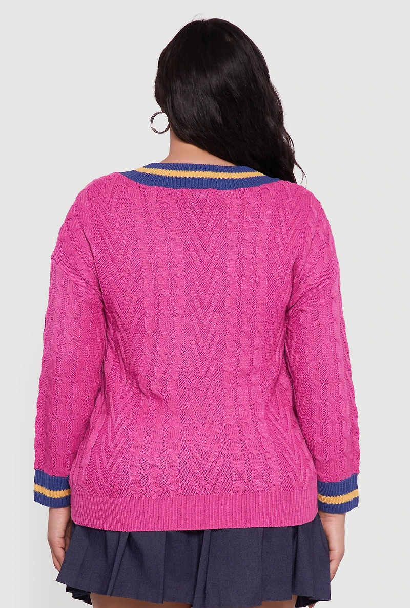 Womens Plus Size Cable Knit Varsity Stripe Sweater, Pink, Size 3X