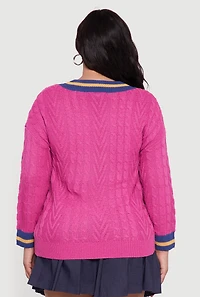 Womens Plus Size Cable Knit Varsity Stripe Sweater, Pink, Size 3X