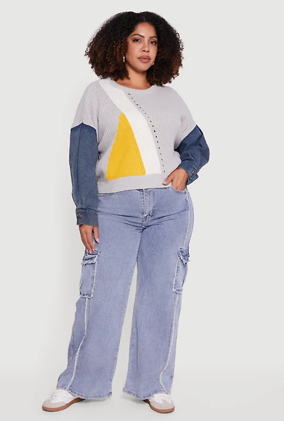 Womens Plus Size Color Block Sweater with Denim Sleeves, Grey, Size 1X