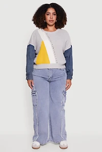 Womens Plus Color Block Sweater with Denim Sleeves, Grey,