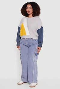 Womens Plus Color Block Sweater with Denim Sleeves, Grey,