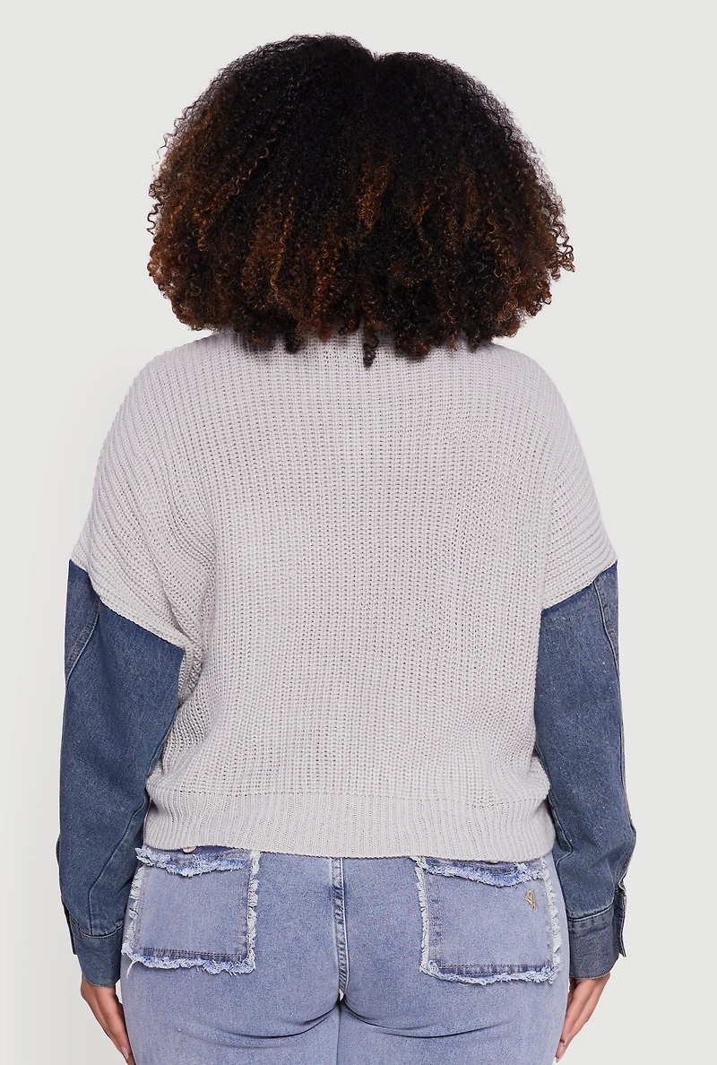 Plus Color Block Sweater with Denim Sleeves