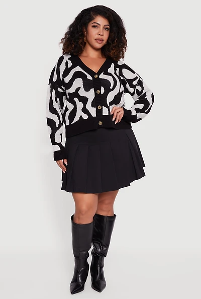 Womens Plus Swirl Print Button Front Long Sleeve Cardigan, 2X
