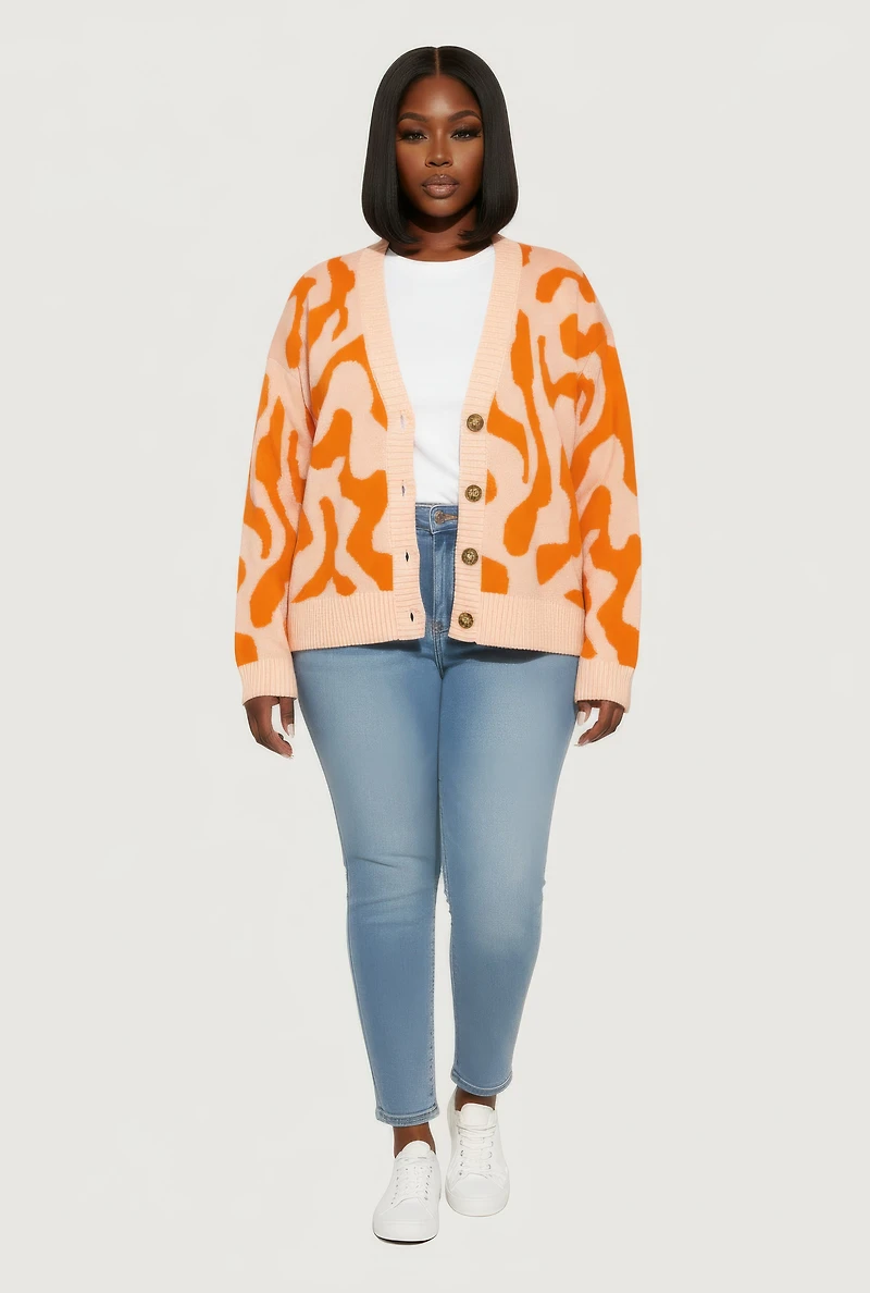 Plus Swirl Print Button Front Long Sleeve Cardigan