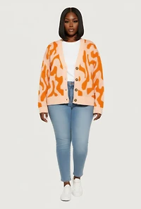 Plus Swirl Print Button Front Long Sleeve Cardigan