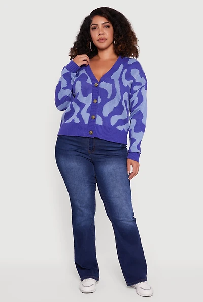 Womens Plus Size Swirl Print Button Front Long Sleeve Cardigan, Blue, Size 1X