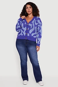 Womens Plus Size Swirl Print Button Front Long Sleeve Cardigan, Blue, Size 1X