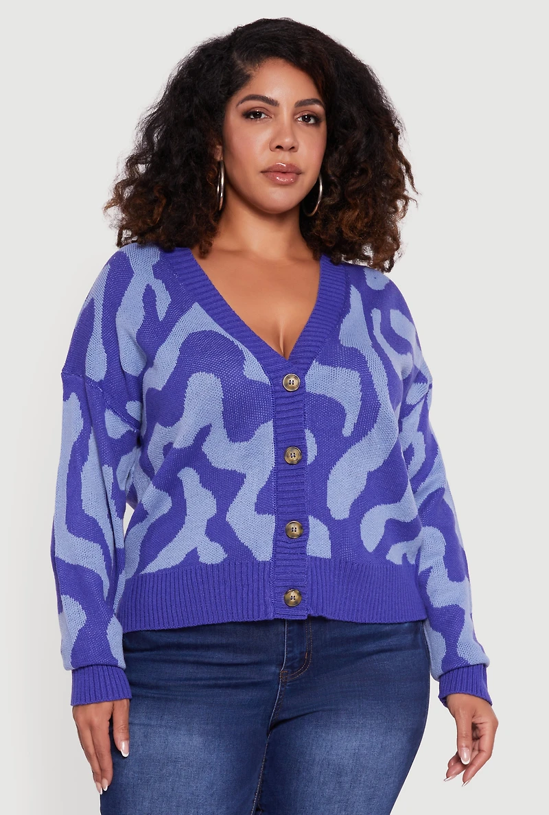 Womens Plus Size Swirl Print Button Front Long Sleeve Cardigan, Blue, Size 1X