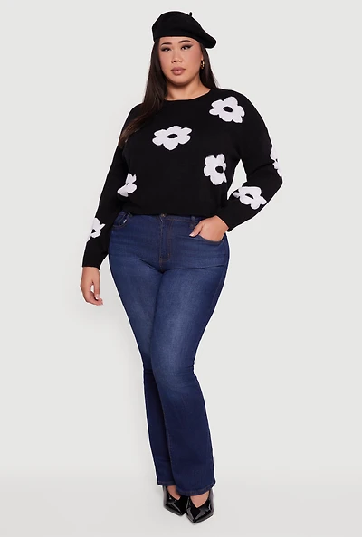 Womens Plus Boucle Floral Long Sleeve Crew Neck Sweater,