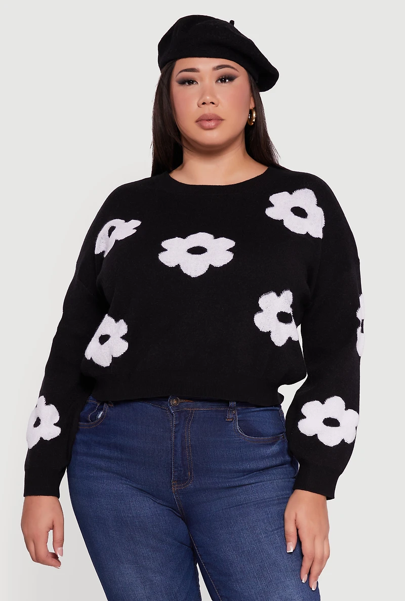 Womens Plus Size Boucle Floral Long Sleeve Crew Neck Sweater, Black, Size 3X