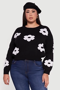 Womens Plus Size Boucle Floral Long Sleeve Crew Neck Sweater, Black, Size 3X