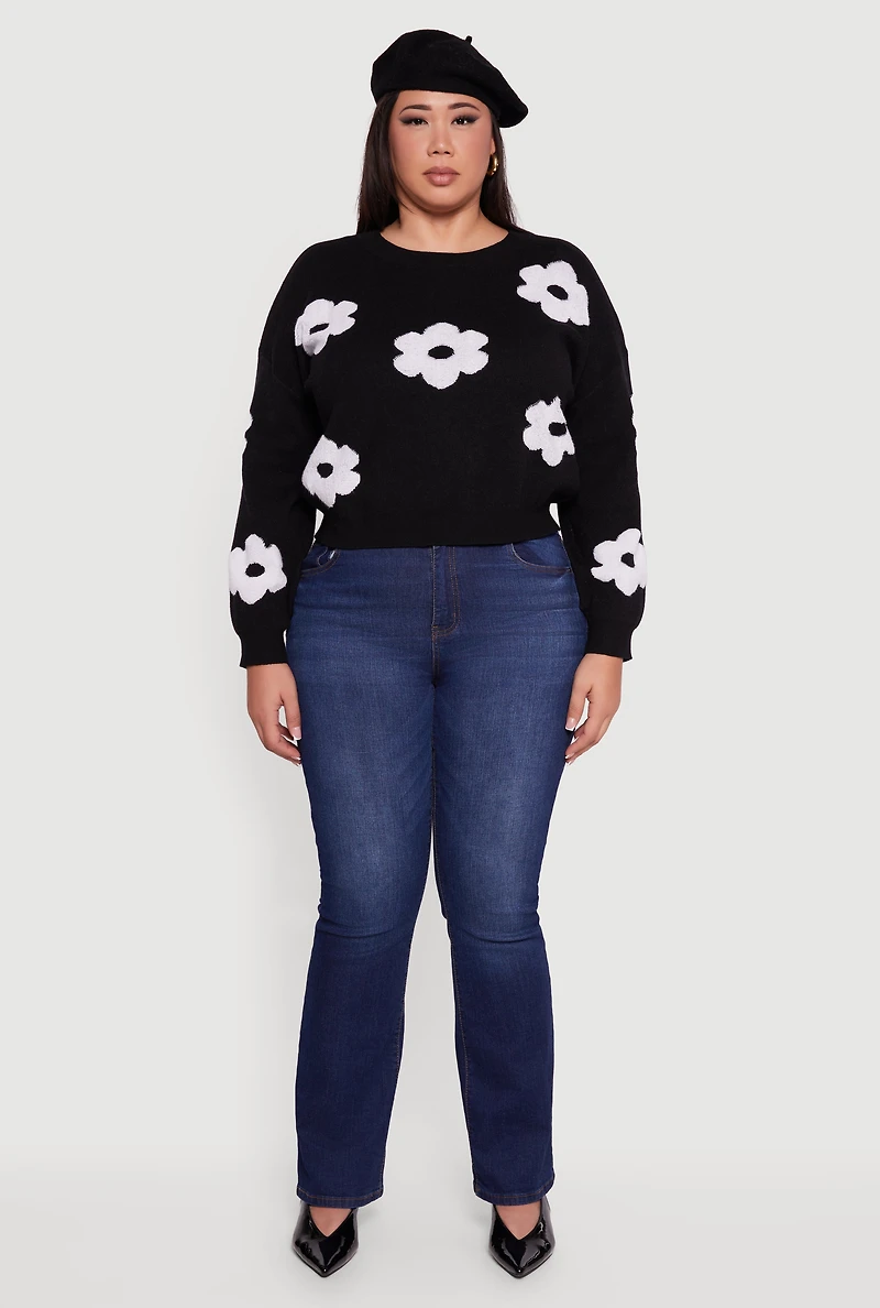 Womens Plus Boucle Floral Long Sleeve Crew Neck Sweater,