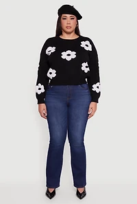 Womens Plus Size Boucle Floral Long Sleeve Crew Neck Sweater, Black, Size 3X