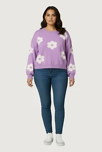 Plus Boucle Floral Long Sleeve Crew Neck Sweater