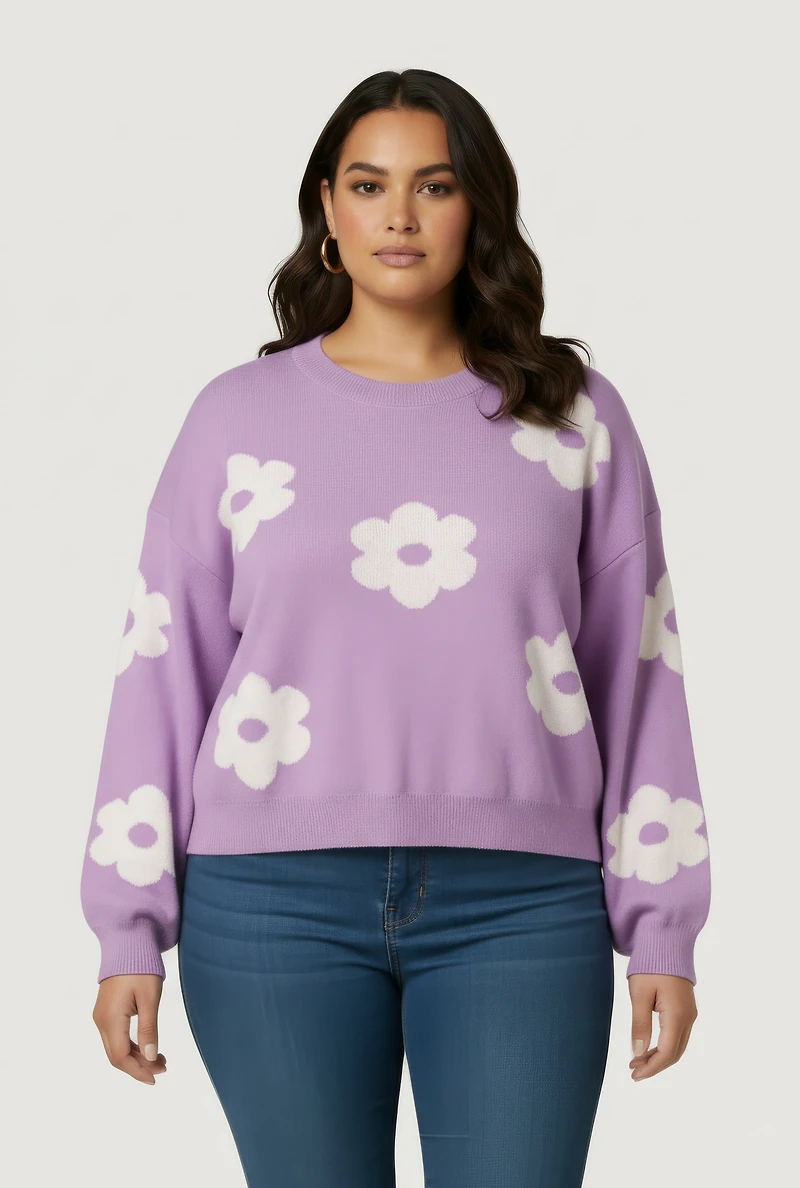 Plus Boucle Floral Long Sleeve Crew Neck Sweater