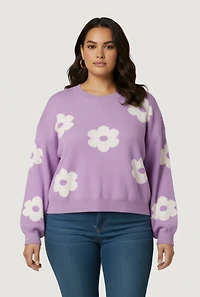 Plus Boucle Floral Long Sleeve Crew Neck Sweater