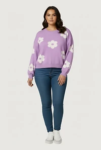 Plus Boucle Floral Long Sleeve Crew Neck Sweater
