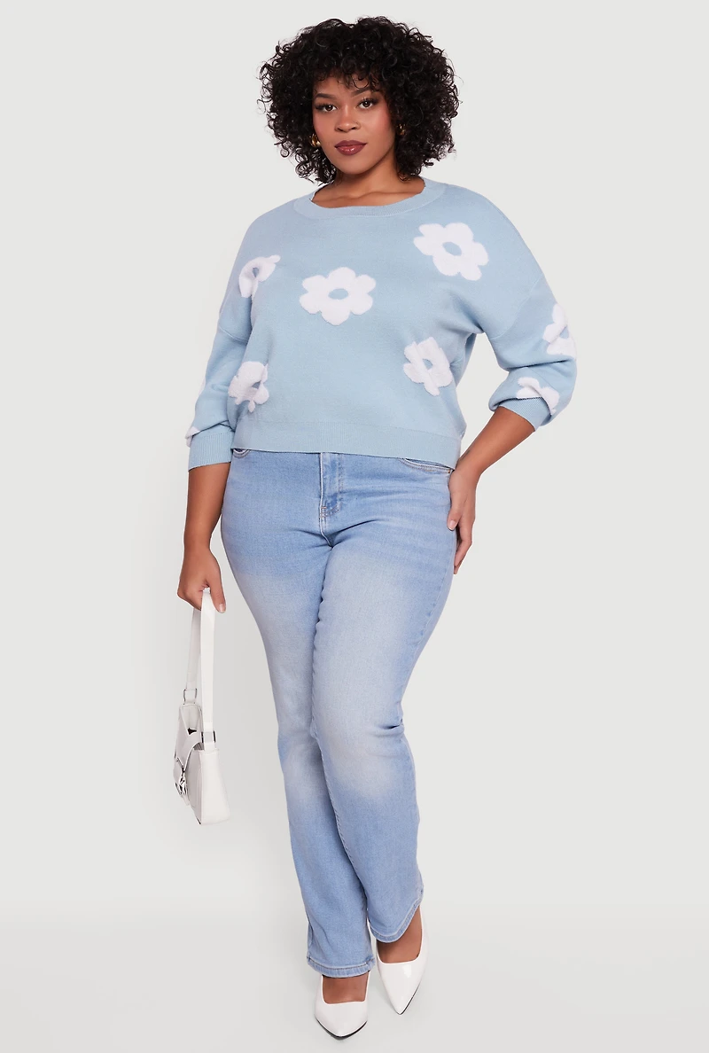 Womens Plus Size Boucle Floral Long Sleeve Crew Neck Sweater, Blue, Size 3X