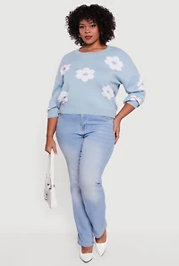 Womens Plus Size Boucle Floral Long Sleeve Crew Neck Sweater, Blue, Size 3X