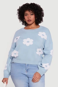 Plus Boucle Floral Long Sleeve Crew Neck Sweater