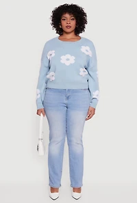 Plus Boucle Floral Long Sleeve Crew Neck Sweater