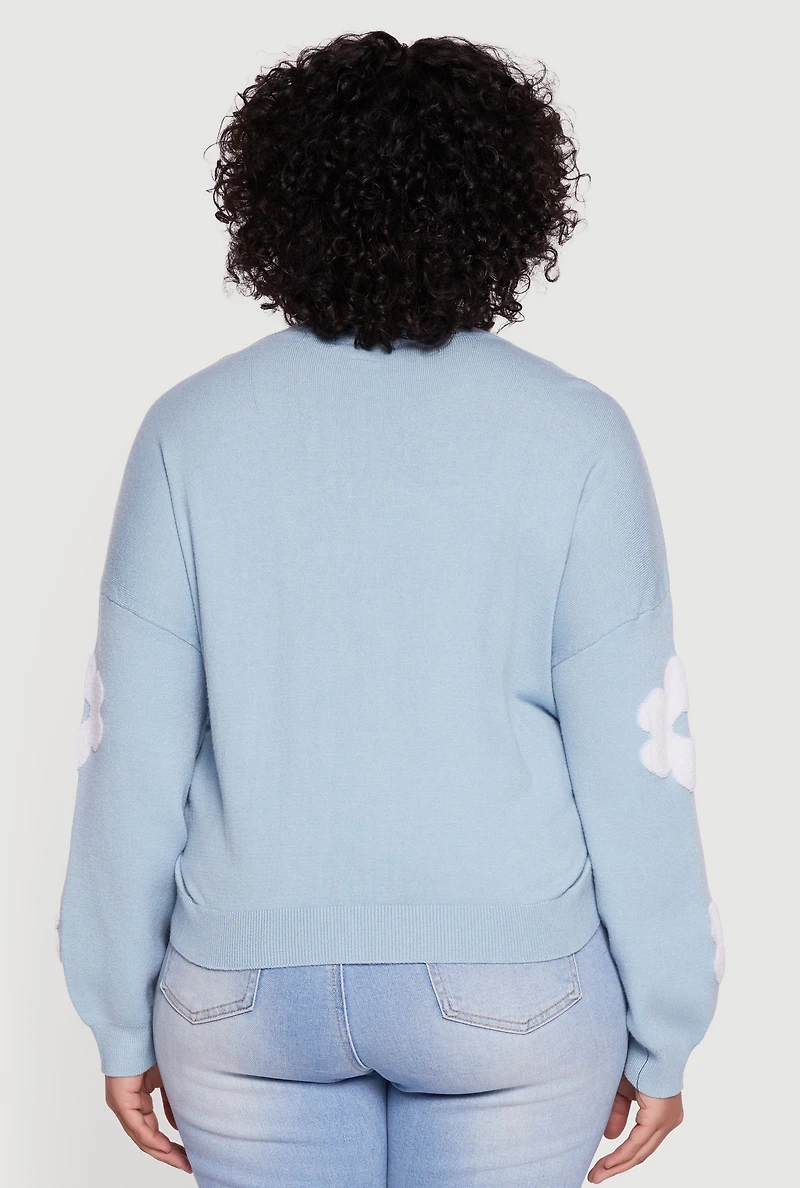 Womens Plus Size Boucle Floral Long Sleeve Crew Neck Sweater, Blue, Size 3X