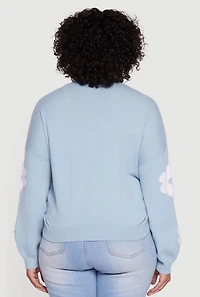 Womens Plus Size Boucle Floral Long Sleeve Crew Neck Sweater, Blue, Size 3X