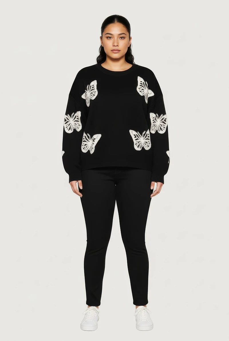 Womens Plus Size Butterfly Tufted Knit Crew Neck Sweater, Black, Size 2X