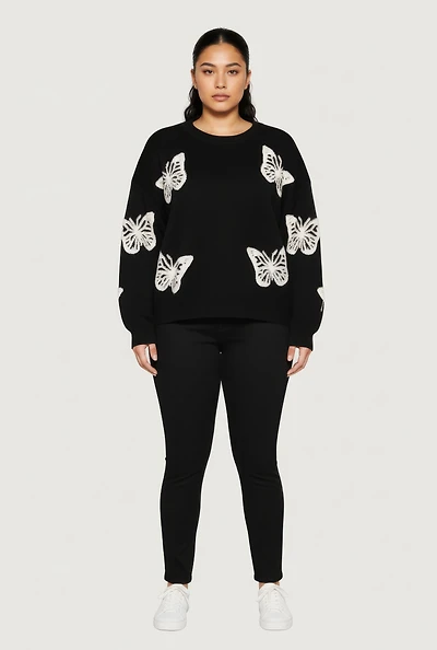Womens Plus Size Butterfly Tufted Knit Crew Neck Sweater, Black, Size 2X