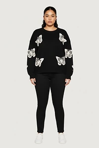 Plus Butterfly Tufted Knit Crew Neck Sweater
