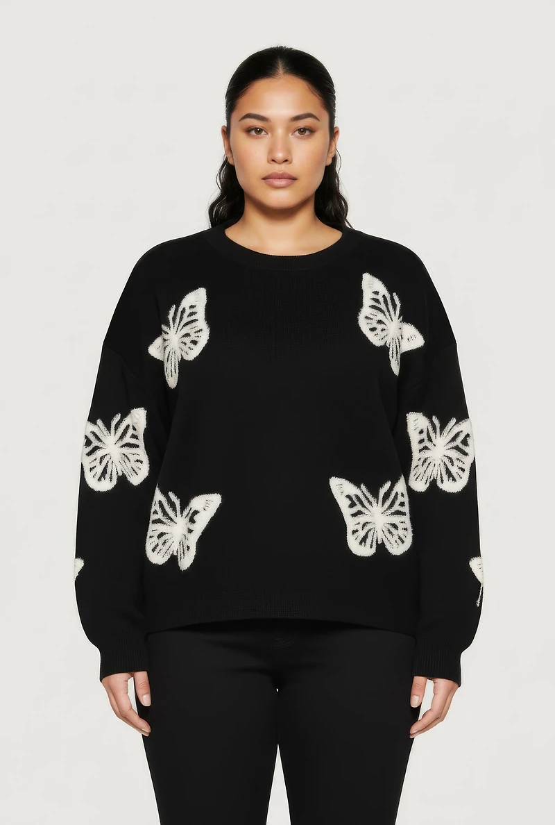 Plus Butterfly Tufted Knit Crew Neck Sweater