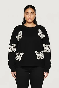 Plus Butterfly Tufted Knit Crew Neck Sweater