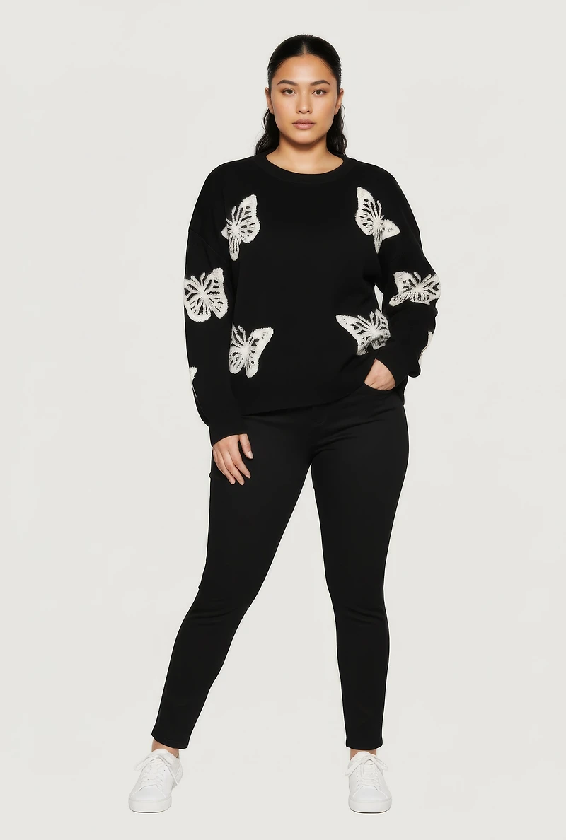 Plus Butterfly Tufted Knit Crew Neck Sweater