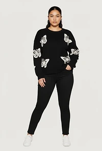 Plus Butterfly Tufted Knit Crew Neck Sweater
