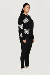 Plus Butterfly Tufted Knit Crew Neck Sweater
