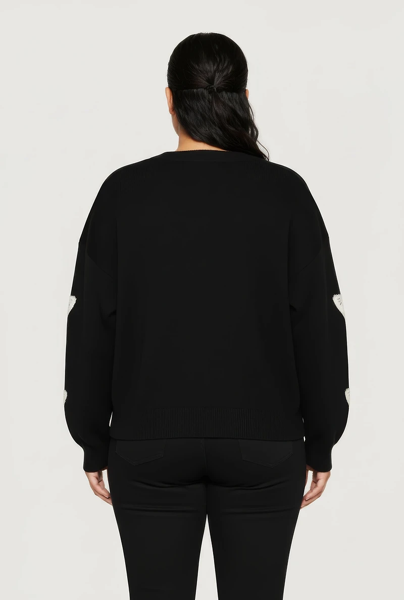 Womens Plus Size Butterfly Tufted Knit Crew Neck Sweater, Black, Size 2X