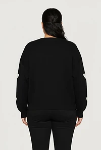 Womens Plus Size Butterfly Tufted Knit Crew Neck Sweater, Black, Size 2X