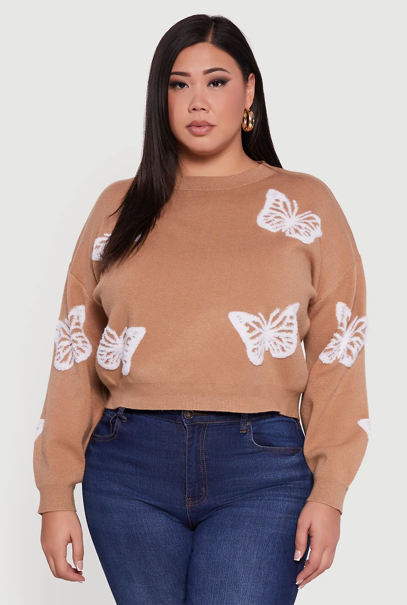 Plus Butterfly Tufted Knit Crew Neck Sweater