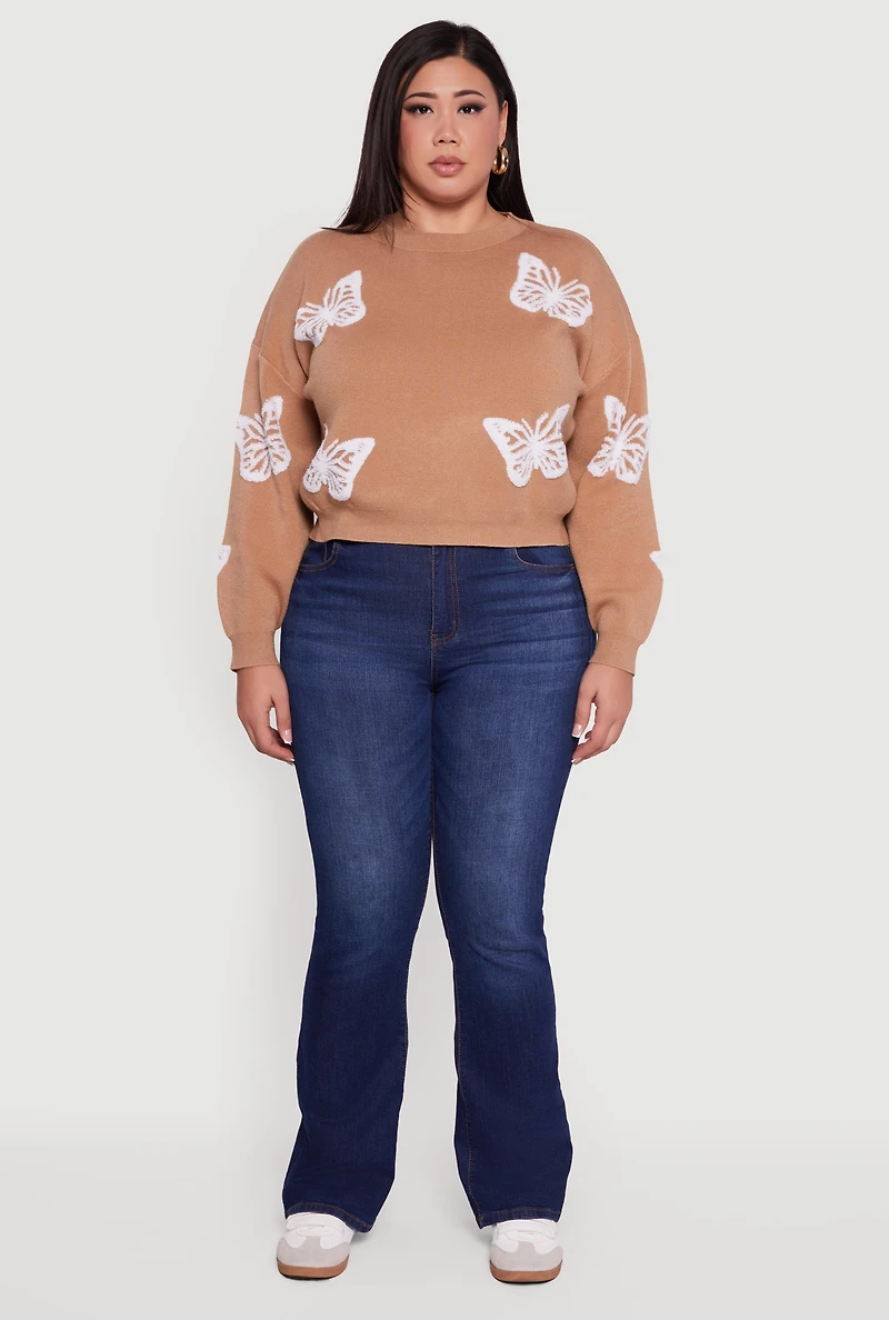 Plus Butterfly Tufted Knit Crew Neck Sweater