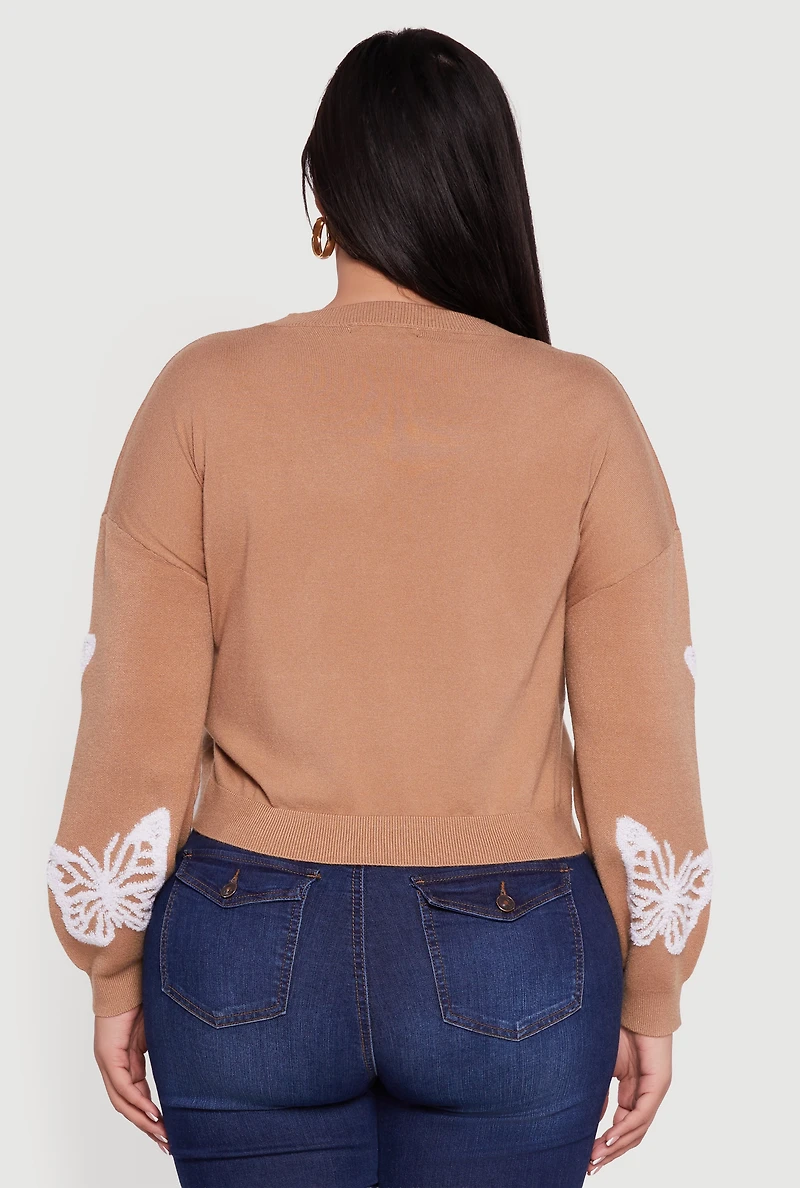 Plus Butterfly Tufted Knit Crew Neck Sweater