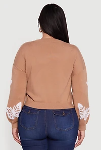 Plus Butterfly Tufted Knit Crew Neck Sweater