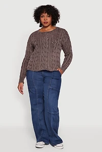 Womens Plus Long Sleeve Cable Knit Crew Neck Sweater, Brown,