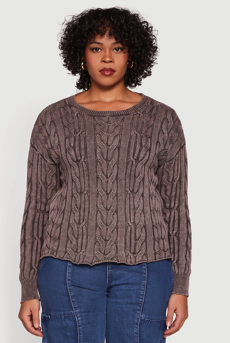 Plus Long Sleeve Cable Knit Crew Neck Sweater