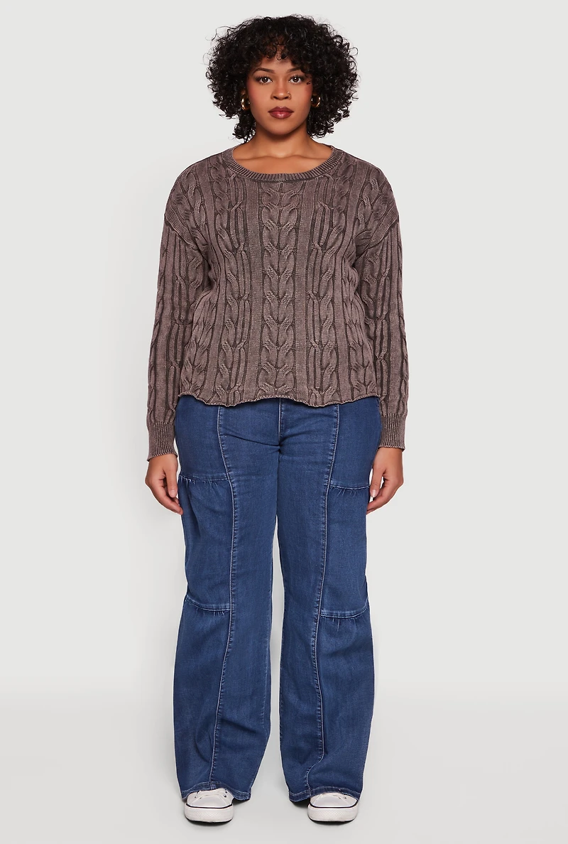 Plus Long Sleeve Cable Knit Crew Neck Sweater