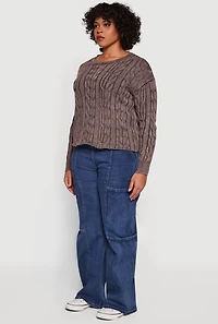 Womens Plus Long Sleeve Cable Knit Crew Neck Sweater, Brown,