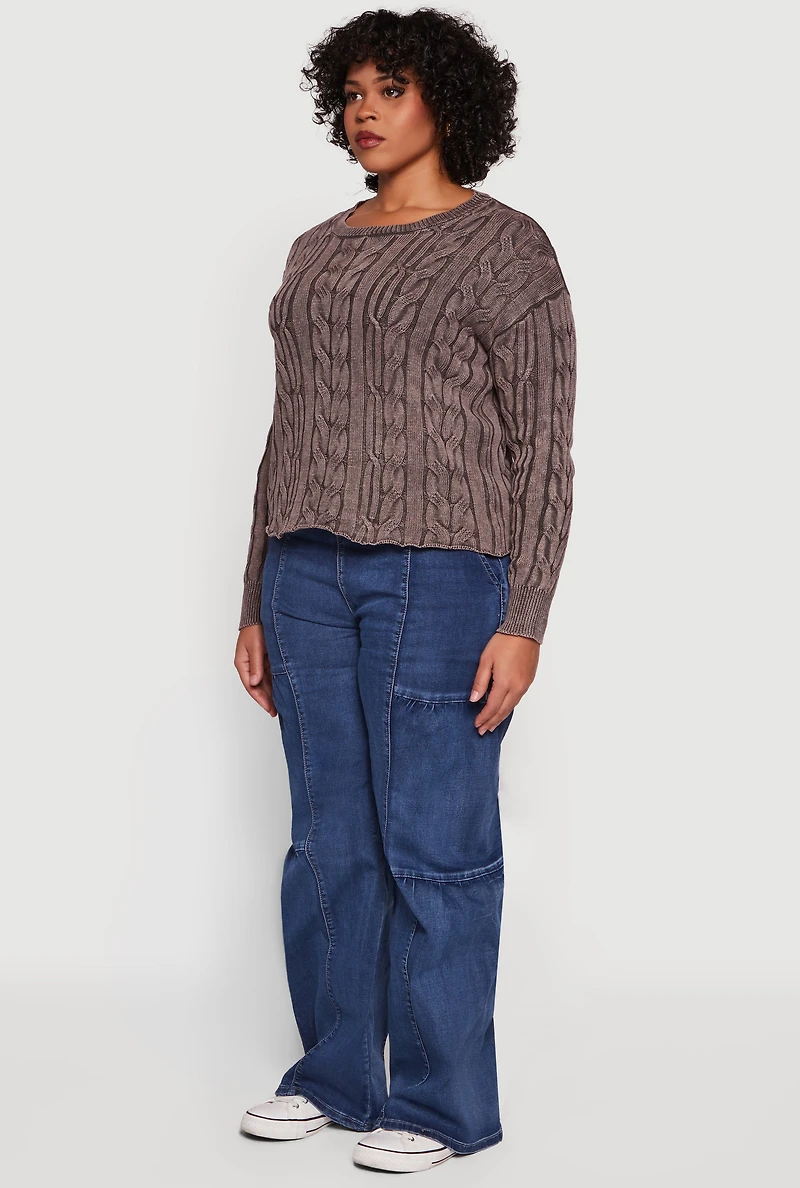 Plus Long Sleeve Cable Knit Crew Neck Sweater