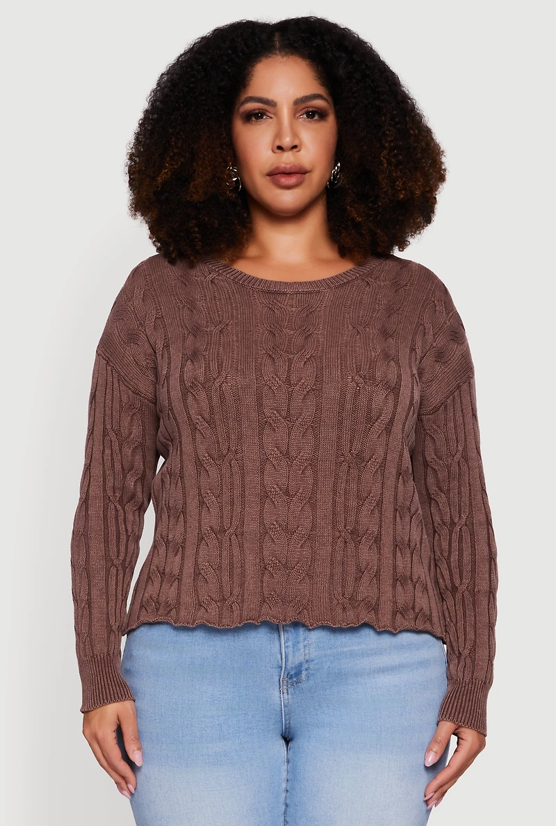Womens Plus Long Sleeve Cable Knit Crew Neck Sweater, Brown,