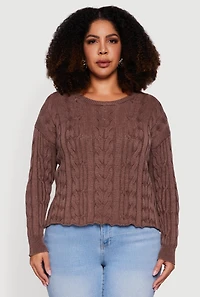 Womens Plus Long Sleeve Cable Knit Crew Neck Sweater, Brown,