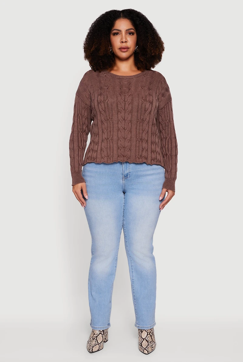 Plus Long Sleeve Cable Knit Crew Neck Sweater